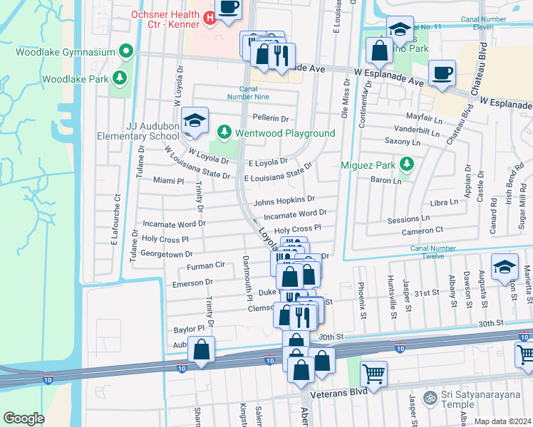 map of restaurants, bars, coffee shops, grocery stores, and more near 406 Incarnate Word Drive in Kenner