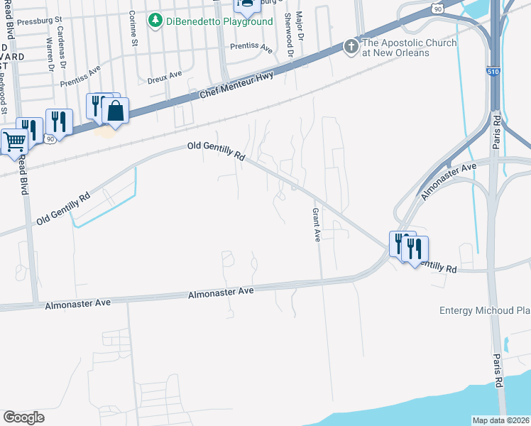 map of restaurants, bars, coffee shops, grocery stores, and more near 53672 Grand Avenue in New Orleans