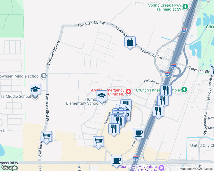 map of restaurants, bars, coffee shops, grocery stores, and more near 20506 Keats Court in Humble