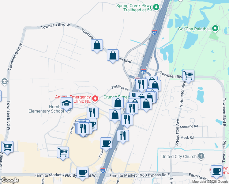map of restaurants, bars, coffee shops, grocery stores, and more near 10203 Elmbend Court in Humble