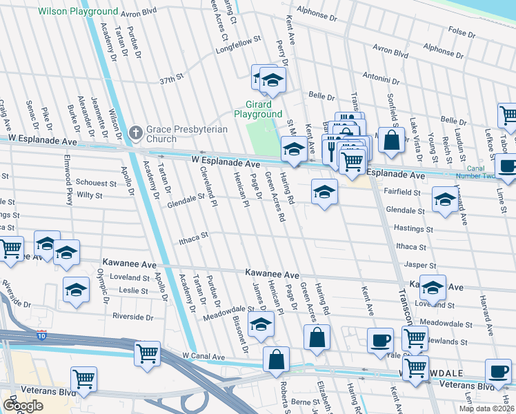map of restaurants, bars, coffee shops, grocery stores, and more near 4116 Page Drive in Metairie