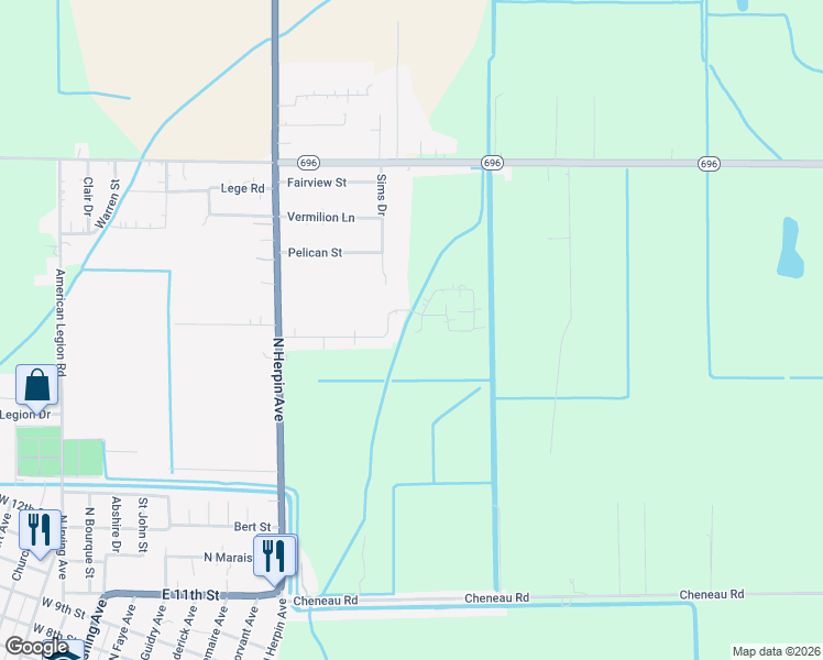map of restaurants, bars, coffee shops, grocery stores, and more near 101 Justin Circle in Kaplan