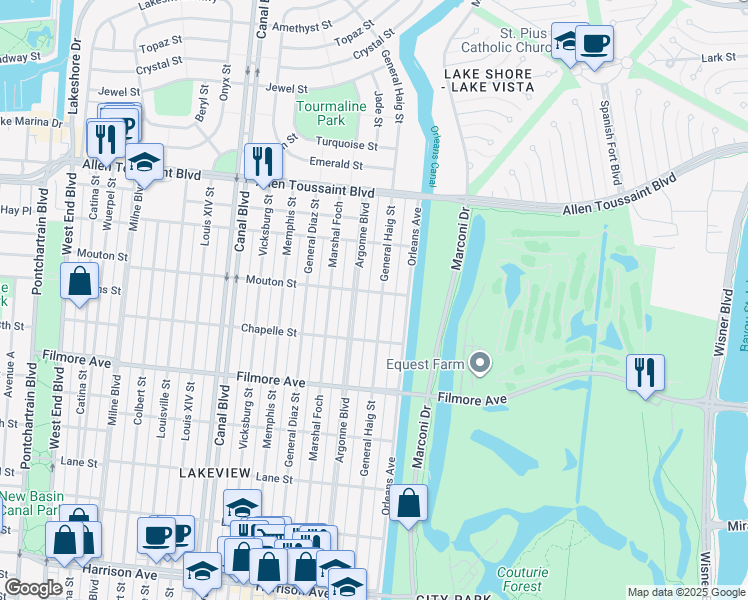 map of restaurants, bars, coffee shops, grocery stores, and more near 6872 General Haig Street in New Orleans