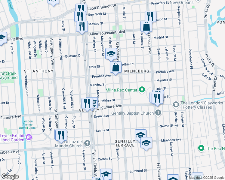 map of restaurants, bars, coffee shops, grocery stores, and more near 2335 Odin Street in New Orleans