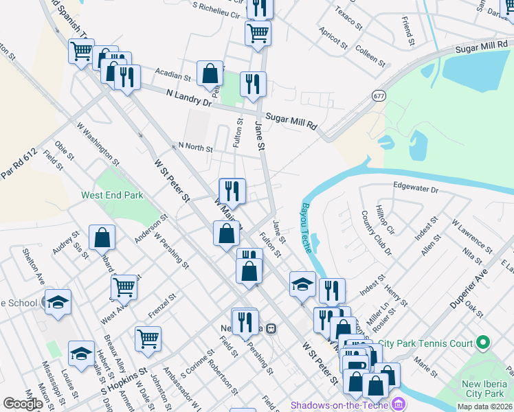map of restaurants, bars, coffee shops, grocery stores, and more near 803 Jane Street in New Iberia