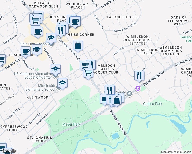map of restaurants, bars, coffee shops, grocery stores, and more near 16222 King Arthur Court in Spring
