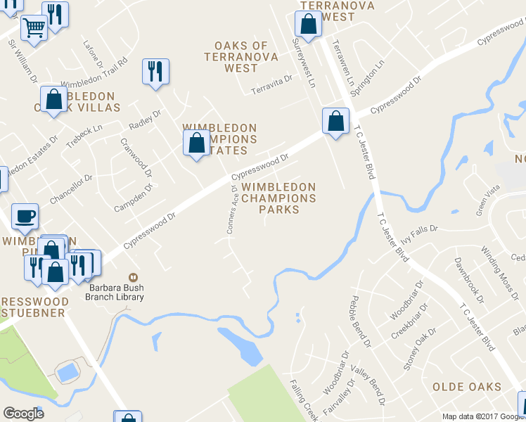 map of restaurants, bars, coffee shops, grocery stores, and more near 6326 Cash Oaks Drive in Spring