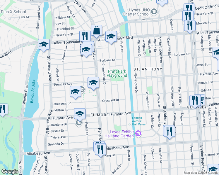 map of restaurants, bars, coffee shops, grocery stores, and more near 5619 Chamberlain Drive in New Orleans