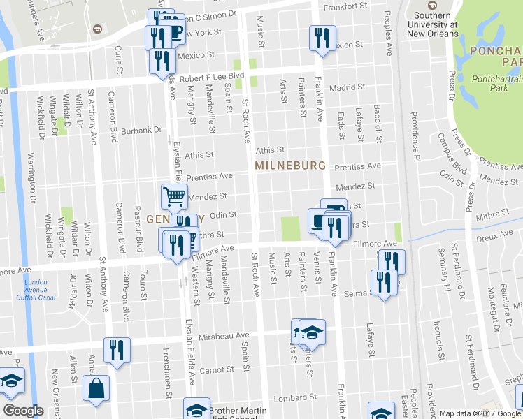 map of restaurants, bars, coffee shops, grocery stores, and more near 5505 Saint Roch Avenue in New Orleans