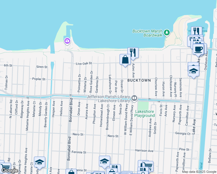 map of restaurants, bars, coffee shops, grocery stores, and more near 1340 Lakeshore Drive in Metairie