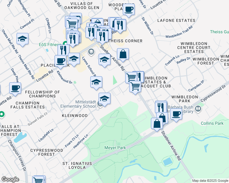 map of restaurants, bars, coffee shops, grocery stores, and more near 807 Lyons School Loop in Spring