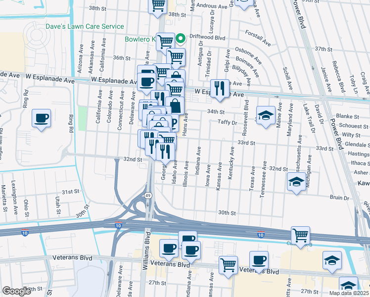 map of restaurants, bars, coffee shops, grocery stores, and more near 3229 Illinois Avenue in Kenner