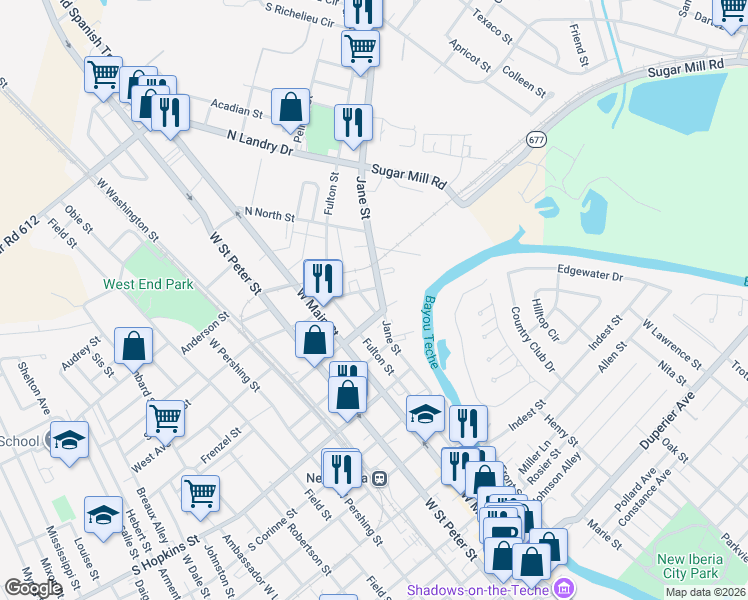 map of restaurants, bars, coffee shops, grocery stores, and more near 803 Jane Street in New Iberia