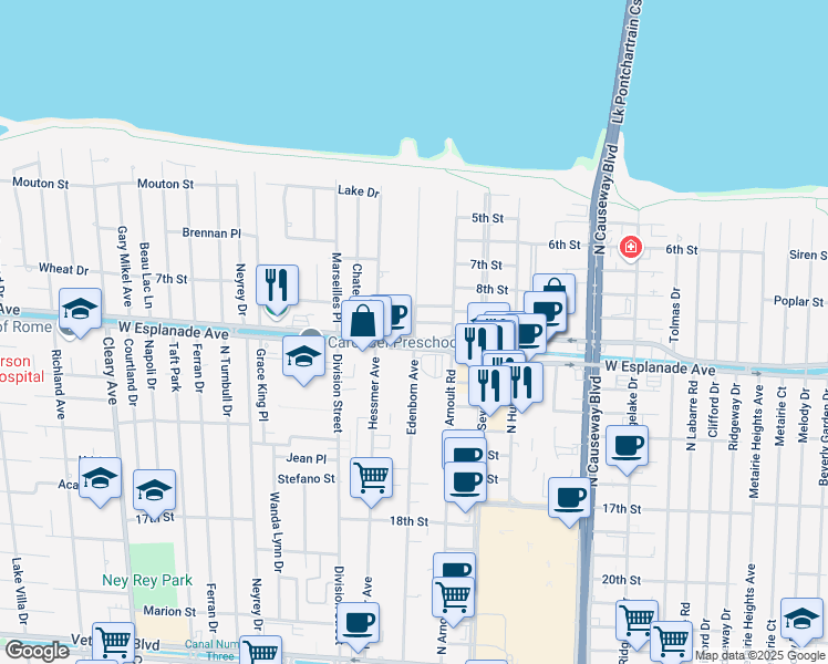map of restaurants, bars, coffee shops, grocery stores, and more near 3612 Edenborn Avenue in Metairie