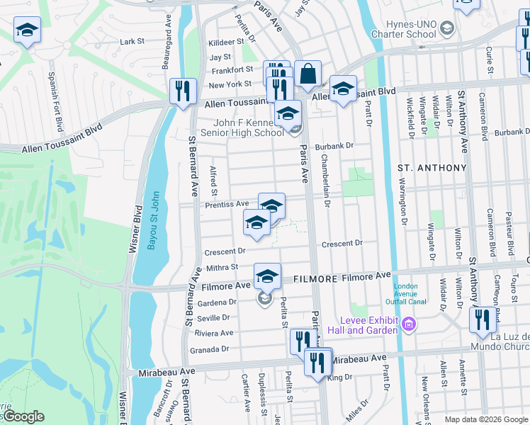 map of restaurants, bars, coffee shops, grocery stores, and more near 1441 Cabrini Court in New Orleans