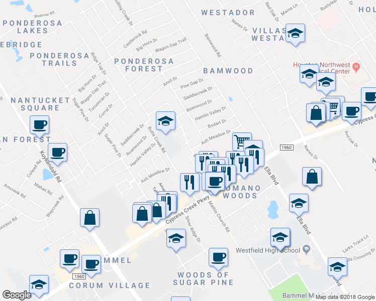 map of restaurants, bars, coffee shops, grocery stores, and more near 17175 Beaver Springs Drive in Houston