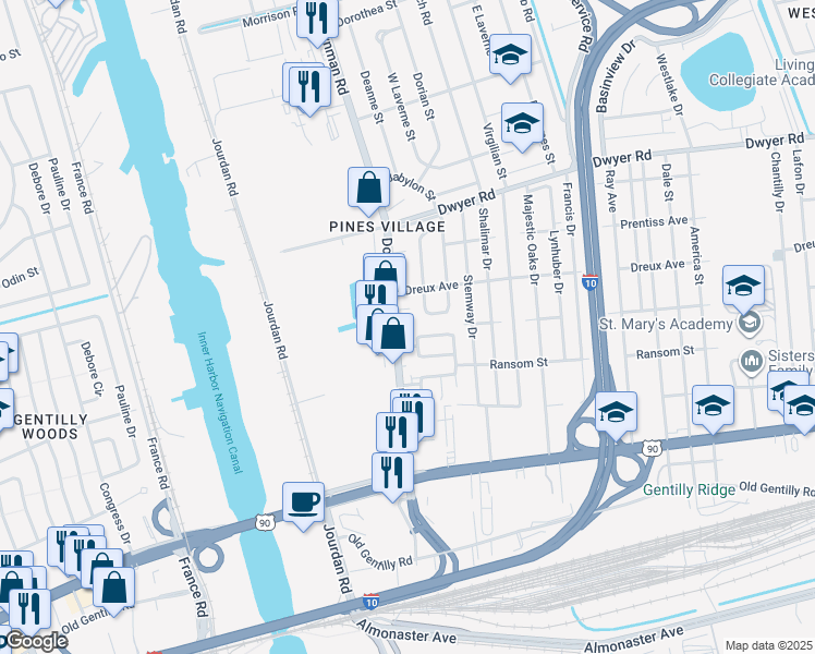 map of restaurants, bars, coffee shops, grocery stores, and more near 5903 Denny Street in New Orleans