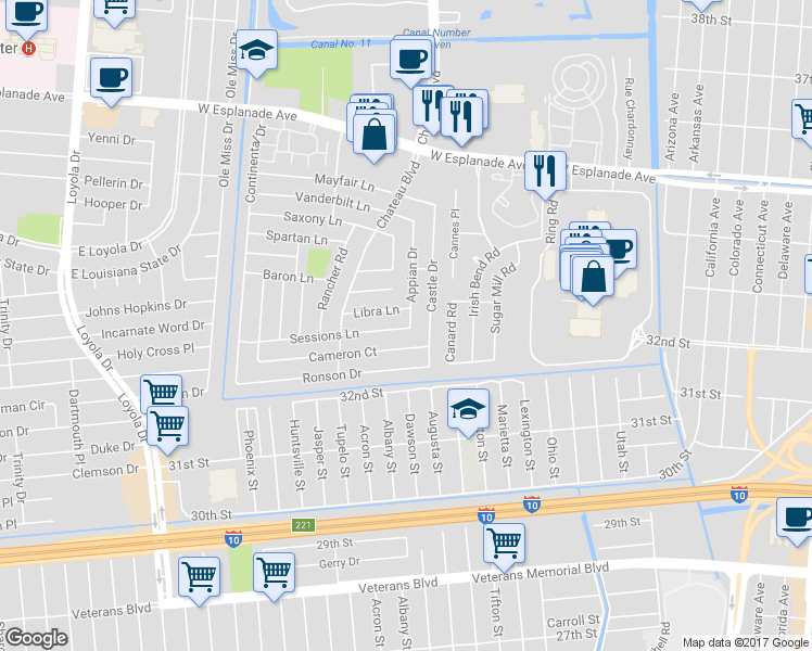 map of restaurants, bars, coffee shops, grocery stores, and more near 916 Sessions Lane in Kenner
