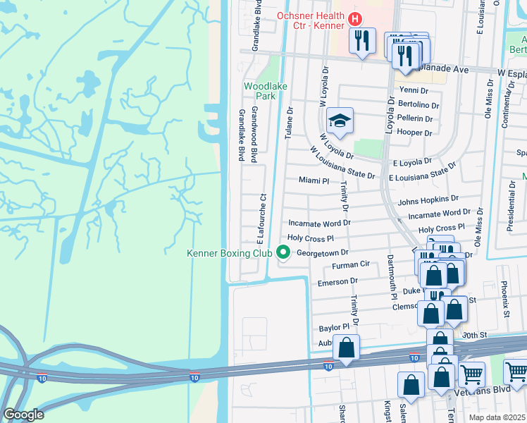 map of restaurants, bars, coffee shops, grocery stores, and more near 3234 East Lafourche Court in Kenner