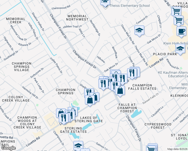 map of restaurants, bars, coffee shops, grocery stores, and more near 17015 Vintagewood Lane in Spring