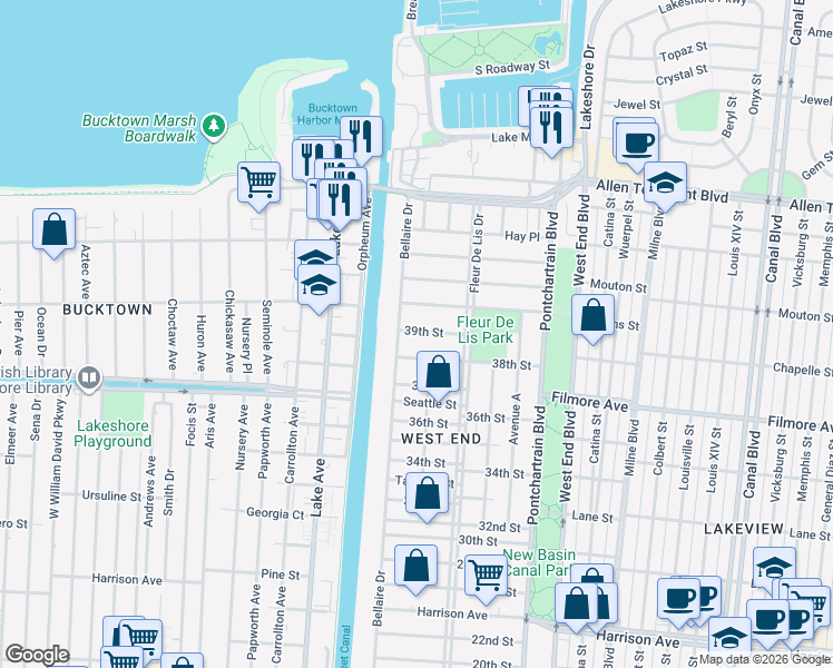 map of restaurants, bars, coffee shops, grocery stores, and more near 426 39th Street in New Orleans
