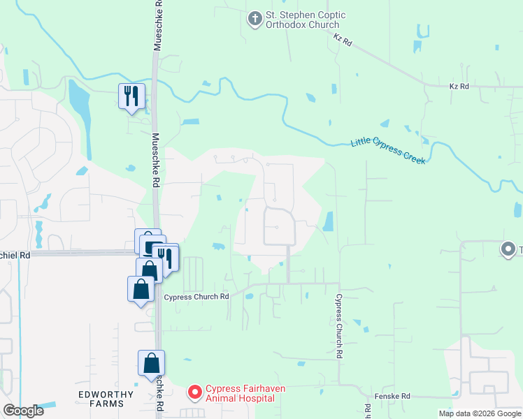 map of restaurants, bars, coffee shops, grocery stores, and more near 19719 Arbor Canopy Lane in Cypress