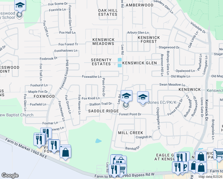 map of restaurants, bars, coffee shops, grocery stores, and more near 7627 Shire Trail Court in Humble