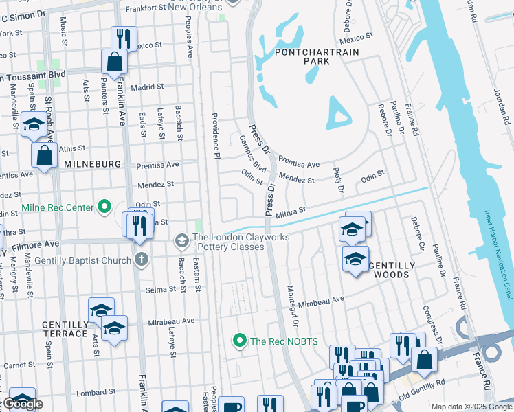 map of restaurants, bars, coffee shops, grocery stores, and more near 5423 Saint Ferdinand Drive in New Orleans