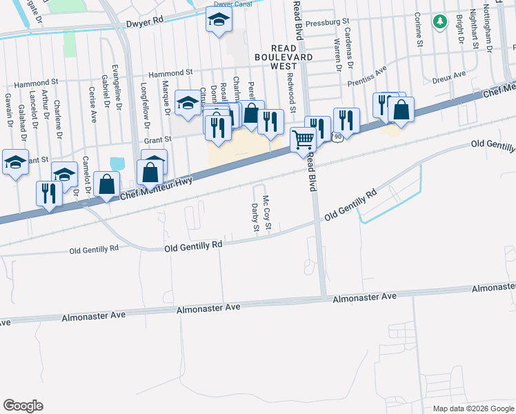 map of restaurants, bars, coffee shops, grocery stores, and more near 4143 Darby Street in New Orleans