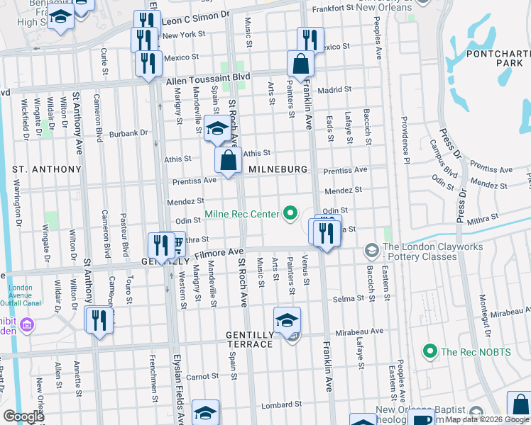 map of restaurants, bars, coffee shops, grocery stores, and more near 2468 Odin Street in New Orleans