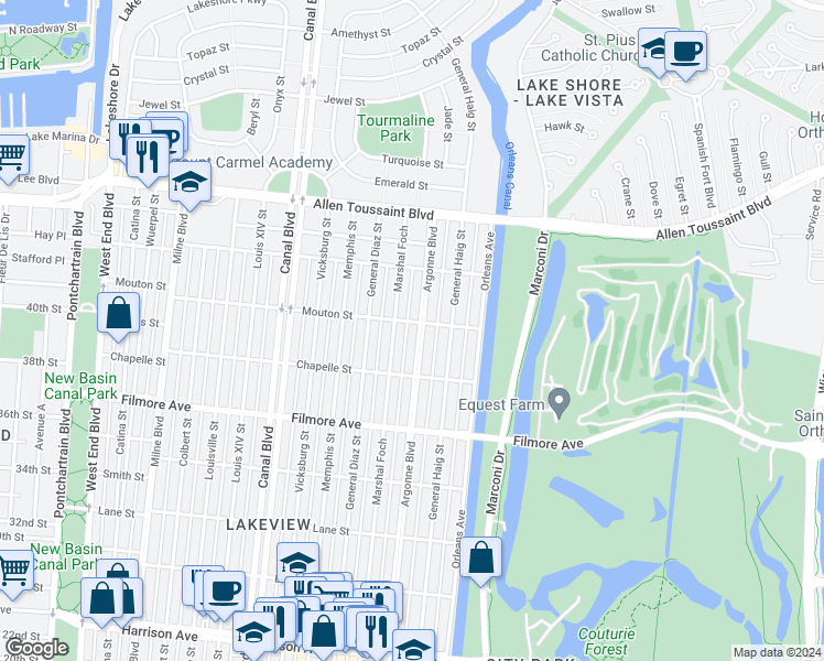 map of restaurants, bars, coffee shops, grocery stores, and more near 6864 Argonne Boulevard in New Orleans