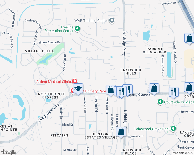 map of restaurants, bars, coffee shops, grocery stores, and more near 12403 Pedder Way Drive in Tomball