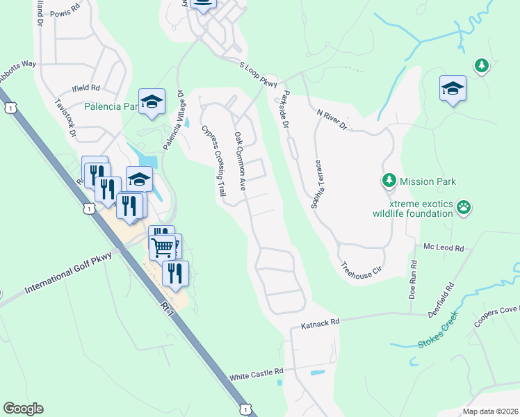 map of restaurants, bars, coffee shops, grocery stores, and more near 808 Riley Lane in St. Augustine