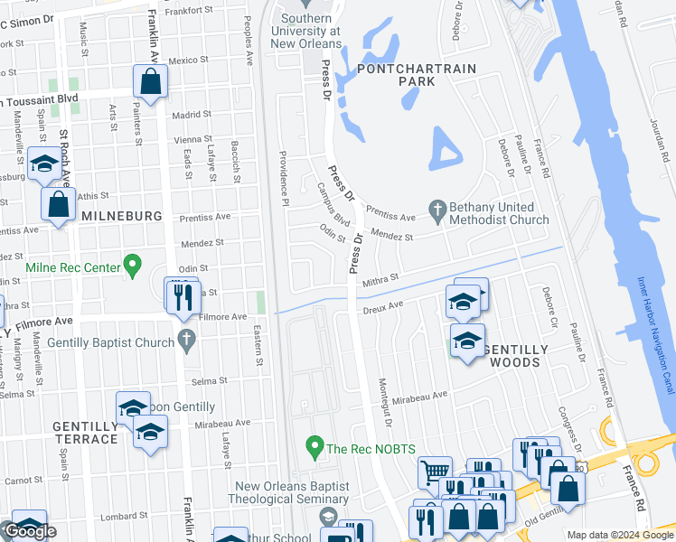 map of restaurants, bars, coffee shops, grocery stores, and more near 5423 Saint Ferdinand Drive in New Orleans