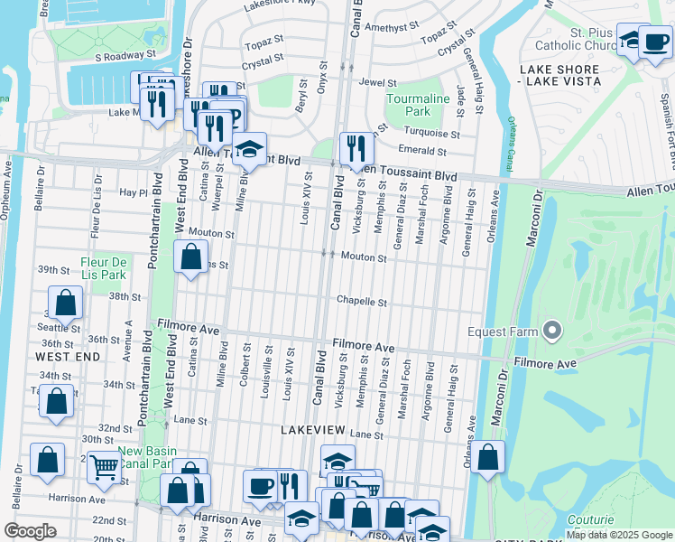 map of restaurants, bars, coffee shops, grocery stores, and more near 6855 Canal Boulevard in New Orleans