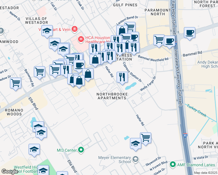 map of restaurants, bars, coffee shops, grocery stores, and more near 17217 Hafer Road in Houston