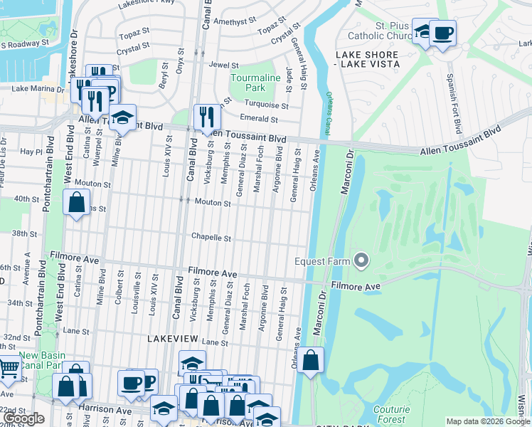 map of restaurants, bars, coffee shops, grocery stores, and more near 6864 Argonne Boulevard in New Orleans