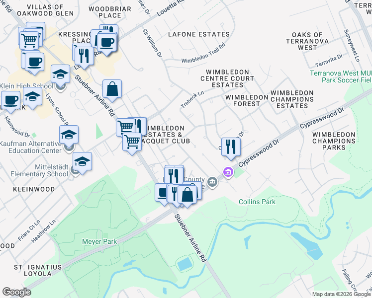 map of restaurants, bars, coffee shops, grocery stores, and more near 16210 York Minster Drive in Spring