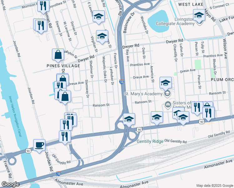 map of restaurants, bars, coffee shops, grocery stores, and more near 4550 Francis Drive in New Orleans