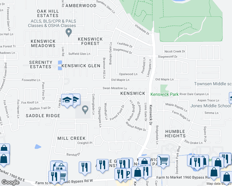 map of restaurants, bars, coffee shops, grocery stores, and more near 8315 Lone Bridge Lane in Humble