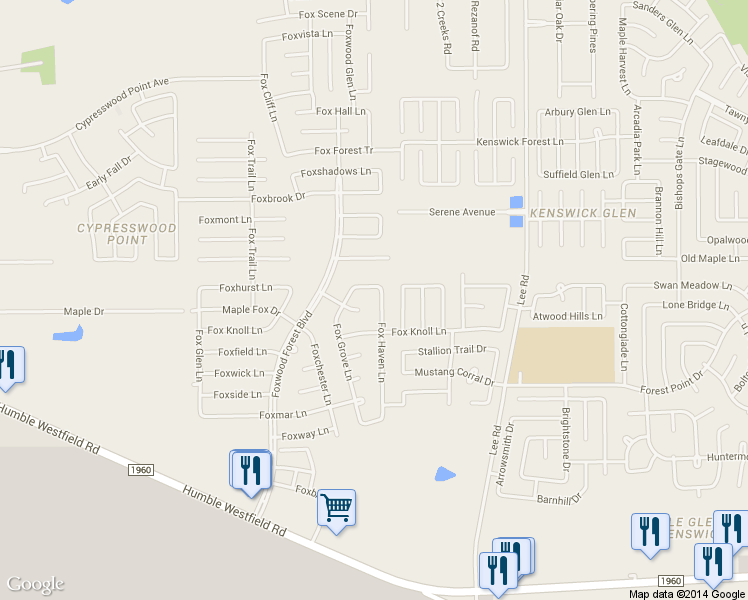 map of restaurants, bars, coffee shops, grocery stores, and more near 20407 Fox Haven Lane in Humble
