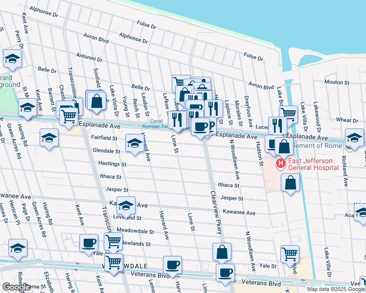 map of restaurants, bars, coffee shops, grocery stores, and more near 4642 Fairfield Street in Metairie