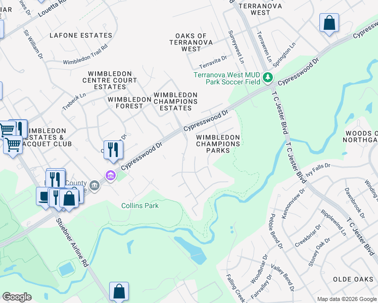 map of restaurants, bars, coffee shops, grocery stores, and more near 15830 Conners Ace Drive in Spring