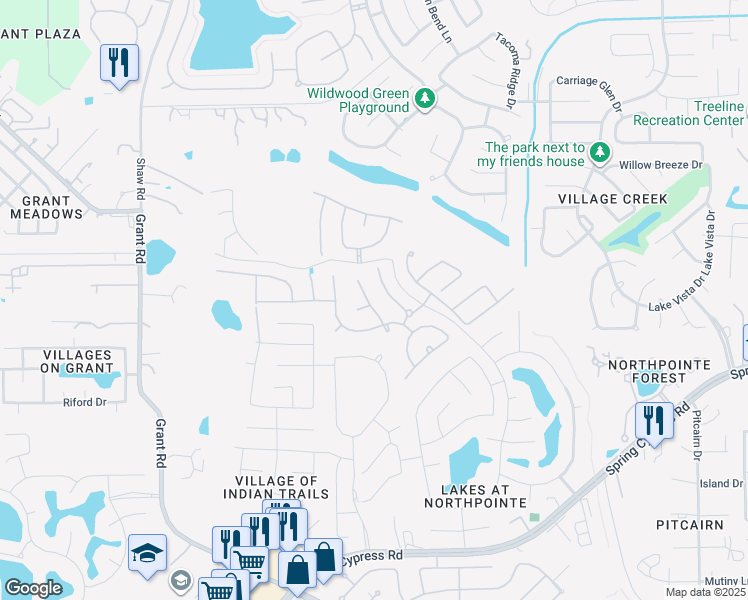 map of restaurants, bars, coffee shops, grocery stores, and more near 14802 Cypresswood Springs Lane in Cypress