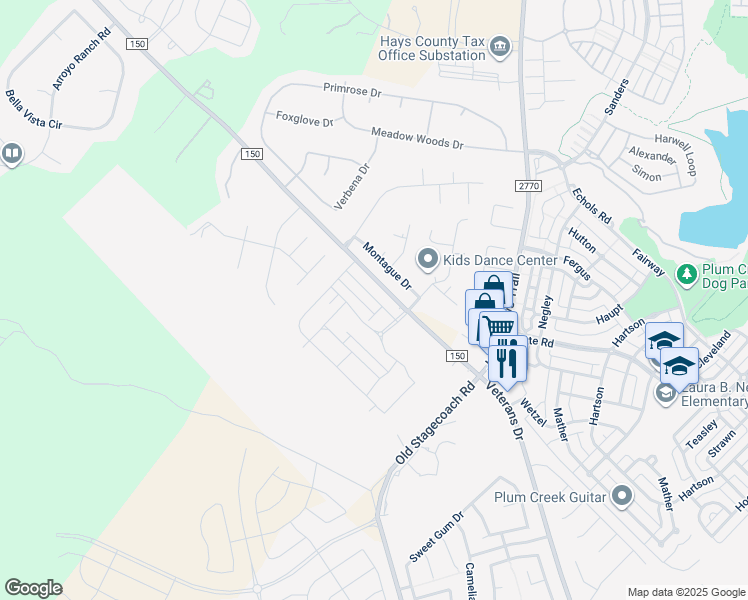 map of restaurants, bars, coffee shops, grocery stores, and more near Ranch to Market Road 150 in Kyle