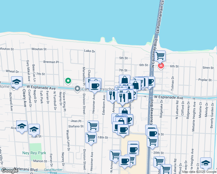 map of restaurants, bars, coffee shops, grocery stores, and more near 3531 West Esplanade Avenue in Metairie
