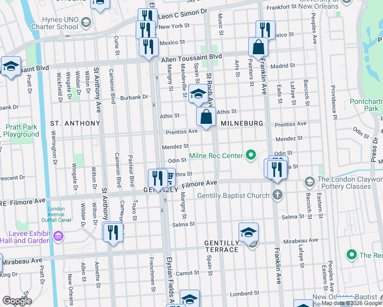 map of restaurants, bars, coffee shops, grocery stores, and more near 2257 Odin Street in New Orleans