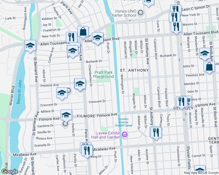 map of restaurants, bars, coffee shops, grocery stores, and more near 5611 Charlotte Drive in New Orleans