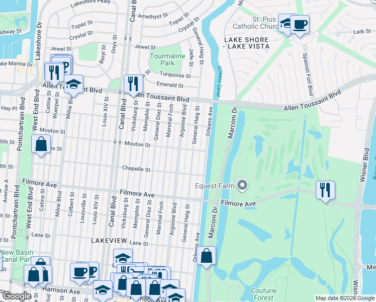 map of restaurants, bars, coffee shops, grocery stores, and more near 6872 General Haig Street in New Orleans