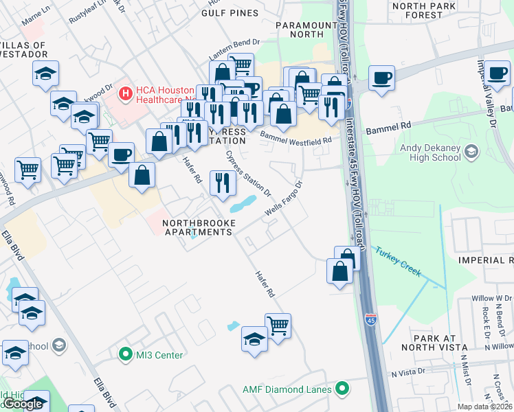 map of restaurants, bars, coffee shops, grocery stores, and more near 530 Wells Fargo Drive in Houston